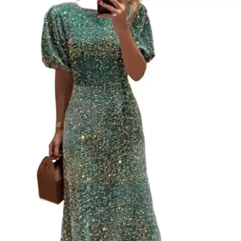 

2025 New Fashion And Elegant Sequined Short-sleeved Dress Women Summer Refreshing Round Neck Dresses Long Dress For Women