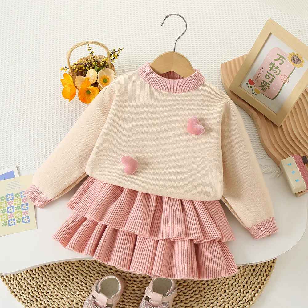 2-7Y Girls Clothing Set Prom Heart Sweaters Pleated Skirt 2PCS  Girls Knit Suit Knit Pullover