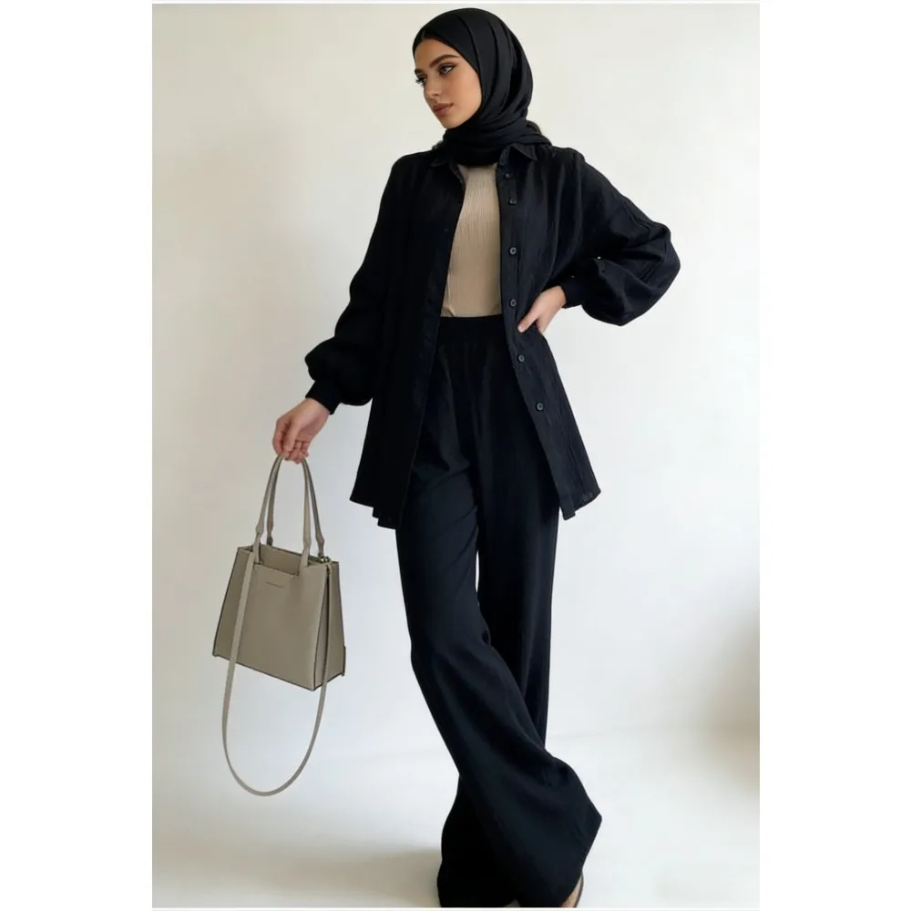 

Ид женский комплект из двух предметов, рубашка, брюки, мусульманские комплекты, однобортные блузки, рубашки, прямые брюки, карманы на пуговицах, мусульманские ансамбли