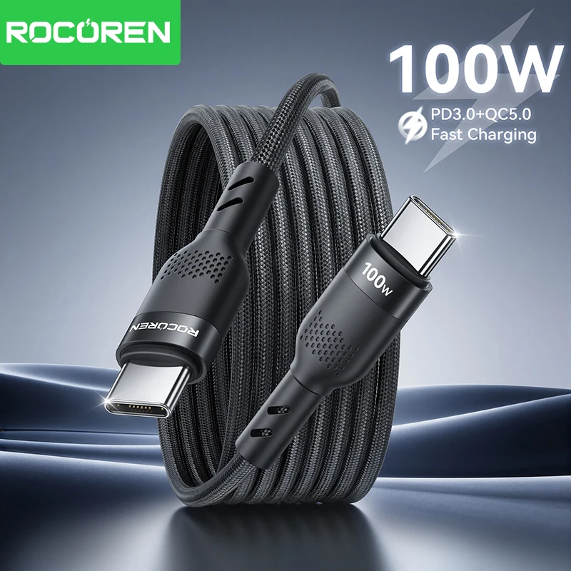 Rocoren 100W PD USB C To USB Type C Cable Fast Charging Data Cord For iPhone 16 17 Pro Max Samsung Huawei Xiaomi Black Orange