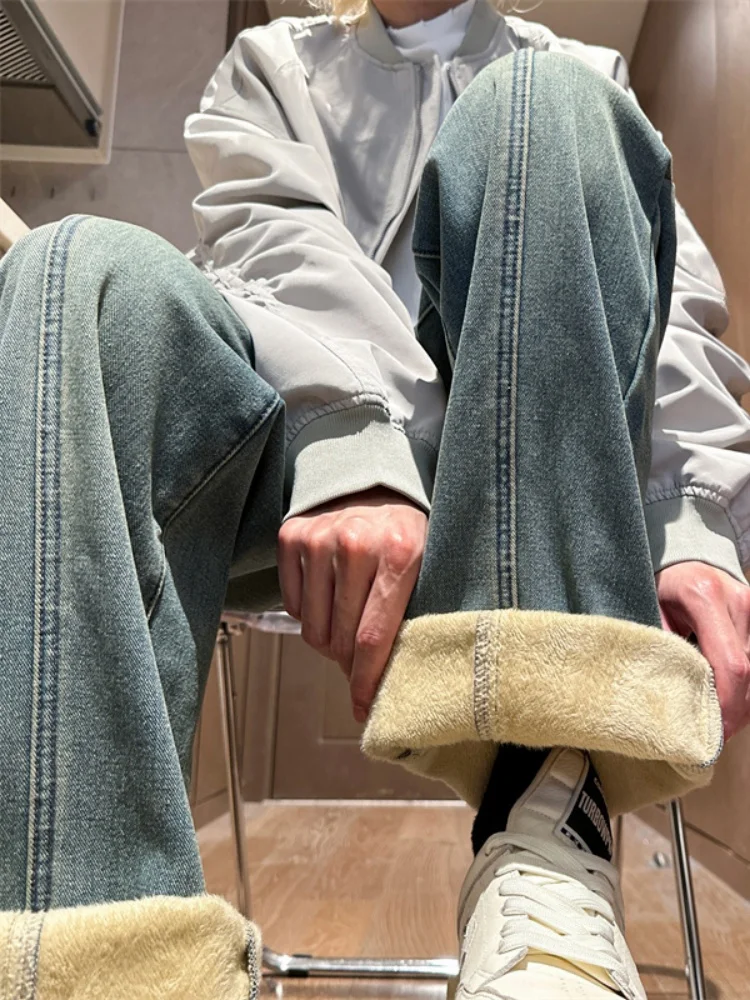 

Утепленные мужские джинсы с флисовой подкладкой, зимние, прямого кроя, широкие штанины, в американском ретро-стиле, рабочая одежда, молодежная мода, теплые