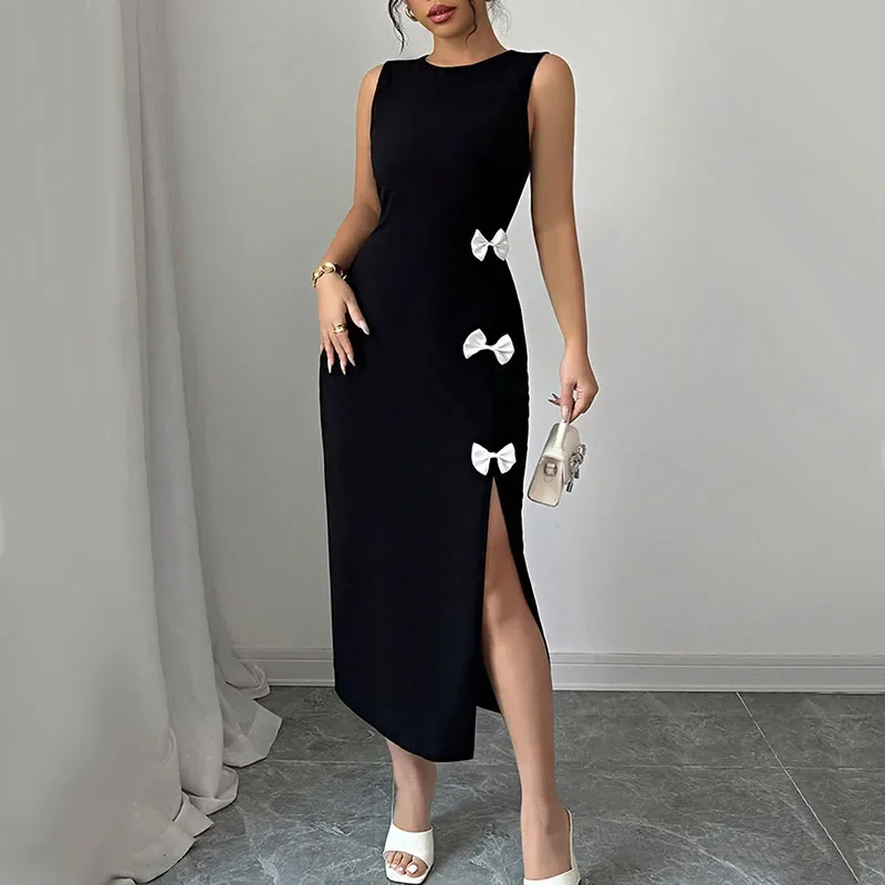 Vestidos por debajo de la rodilla sin mangas para mujer, ropa de calle elegante, Vestidos largos sexys ajustados de verano 2026, Vestidos elegantes con lazo de Color sólido para mujer