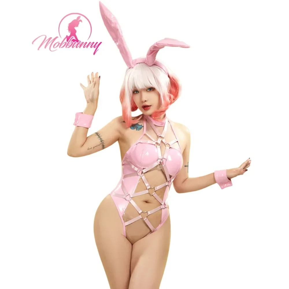 

КосплейMobbunny, женский комплект нижнего белья для девочек-кроликов, розовый прозрачный бандажный боди с пряжкой в форме сердца и повязкой на голову с кольцом на руку