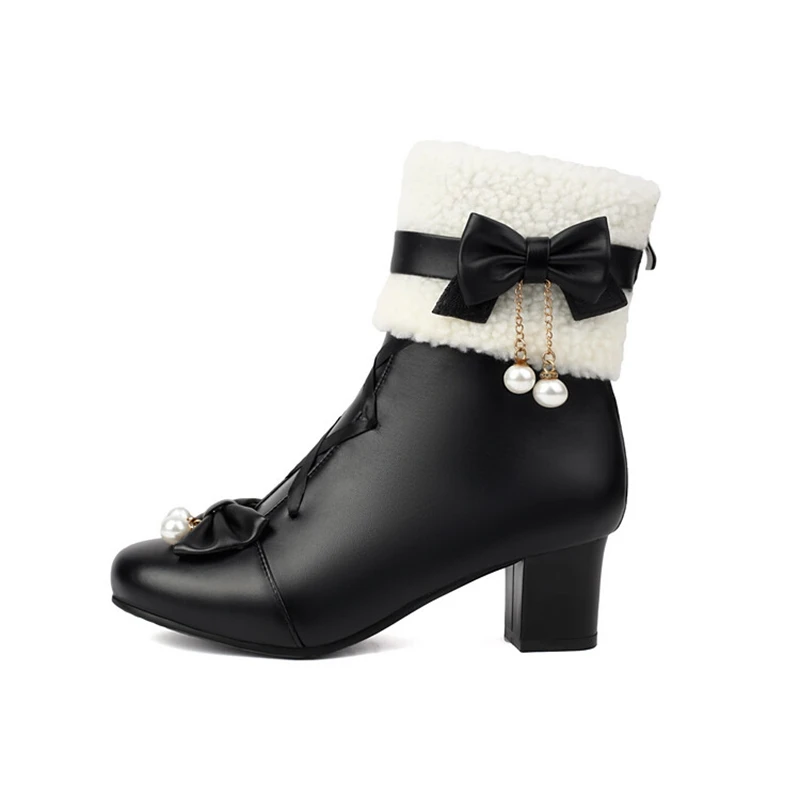 

SIMLOVEYO Women Ankle Boots Round Toe 5cm Heel Cutout Pearl Student White Sweet Princess Fur Lady Shoes Big Size 47 48 US16 US17