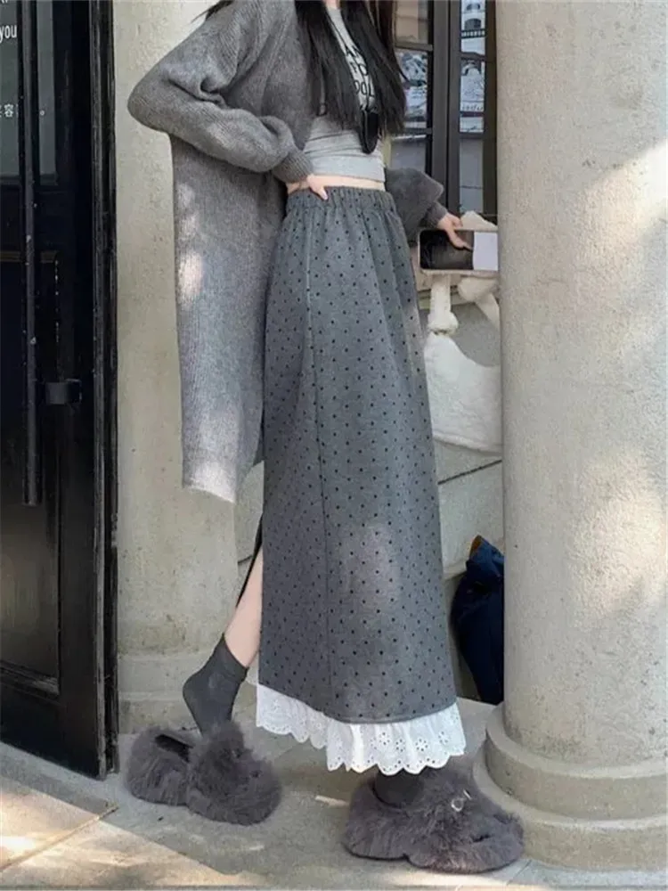 

plus Size High Waist Lace Panel Polka Dot Maxi Skirt Women's Spring Autumn Gentle Wind Slimming Long Skirt A-Line Silhouette