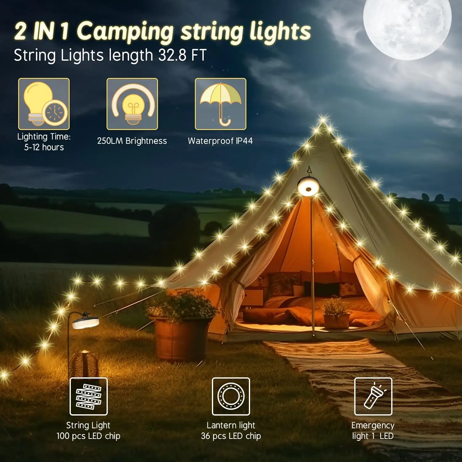 Camping String Lights 2 in1 Outdoor Waterproof Portable Stowable String Light with Lighting Modes USB Camping Lights for Hiking