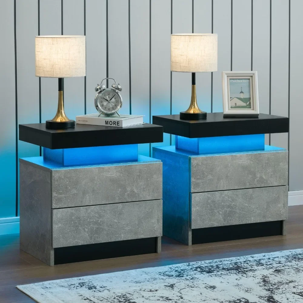 Set of 2 LED Nightstand with 2 Drawers, Bedside Table for Bedroom Furniture, Side Bed Table with LED Light