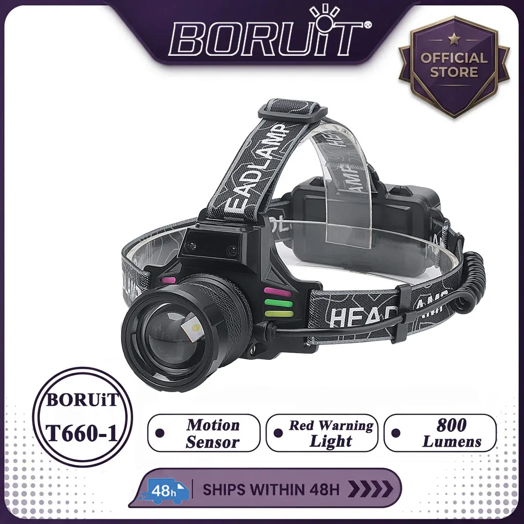 BORUiT T660-1 Bewegungssensor 800LM LED-Stirnlampe mit Zoomfunktion, wiederaufladbar, Typ-C, rote Warnleuchte, Camping, Angeln