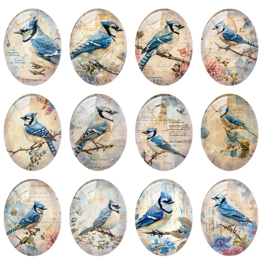 10pcs/lot Blue Couple Bird Flower Oval Photo Glass Cabochon Flatback Demo Flat Back Cameo For Diy Jewelry Making Supplies