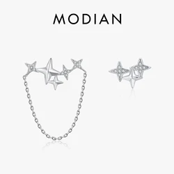 Modian 2026 New Trendy 925 Sterling Silver Asymmetry Dazzling Clear CZ Stars Chain Stud Earrings For Women Party Jewelry Brincos