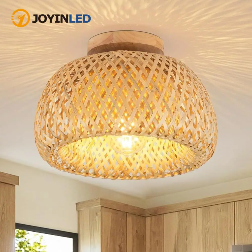 

30/38CM Handmade Bamboo Ceiling Light Bohemian Woven Rattan Semi Flush Mount Fixture Natural Chandelier for Living Room, Bedroom