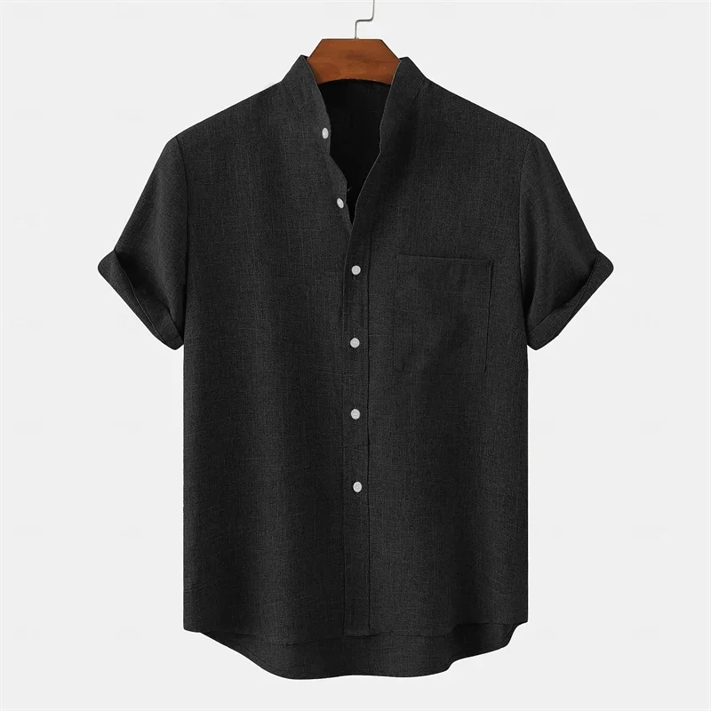Men's Linen Shirt Stand Collar Shirt Casual Shirt Solid Color Hawaiian Holiday Black White Yellow Pink Clothing Front Pocket