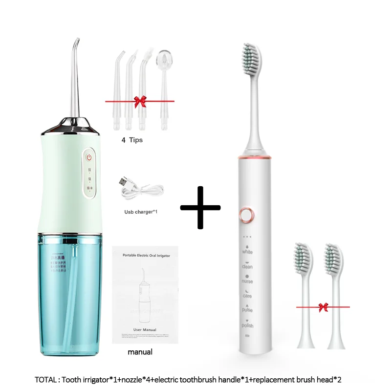 

Oral irrigator and Electric toothbrush ipx7 replacement brush head portable dental water flosser with 4 nozzles usb rechargeable