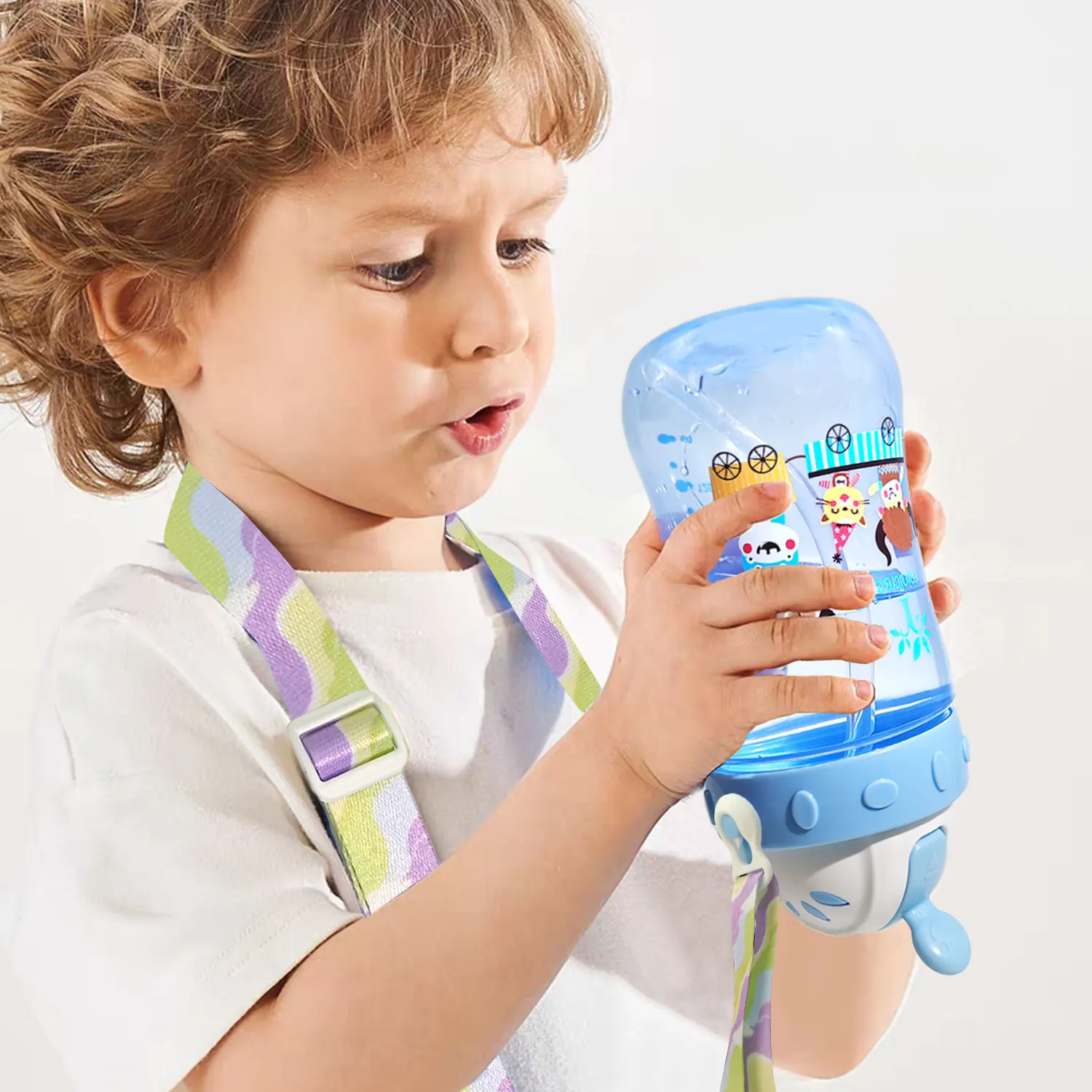 350ML large-capacity children's new sports water cup with strap cartoon straw cup PP material anti-fall and anti-leakage