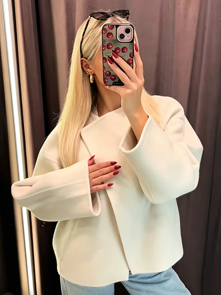 Chic Minimalist Asymmetric One Button Short Coat Solid Color Loose Drop Shoulder Outerwear Lady Fall Winter Daily Office Outfit