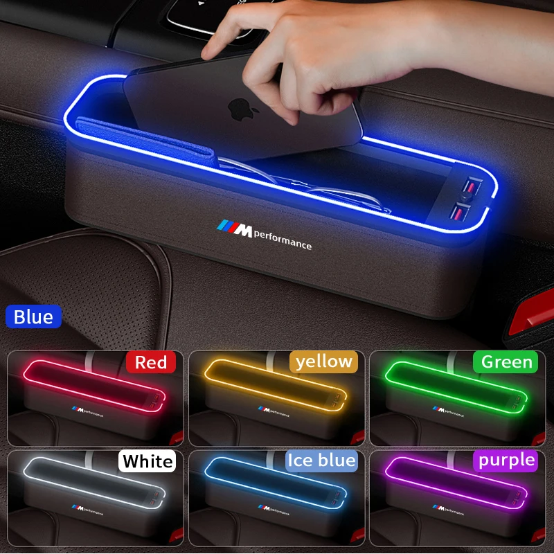 Auto USB Lade Farbe Licht Sitz Lagerung Fall Für BMW M Leistung M3 M4 M5 E39 E46 E60 E90 F30 f10 G30 F25 F15 Sitz Lücke Box