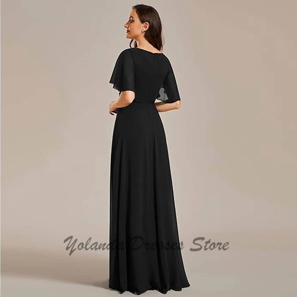 Vestido de noite chiffon, v pescoço, até o chão, para a mãe da noiva, simples apliques, rendas, zíper de volta, formal, para casamento, 2025