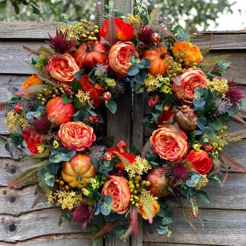 40cm Fall Peony Pumpkin Sunflower Wreath for Front Door Festival Celebration Home Farmhouse Decoration Thanksgiving Wreath