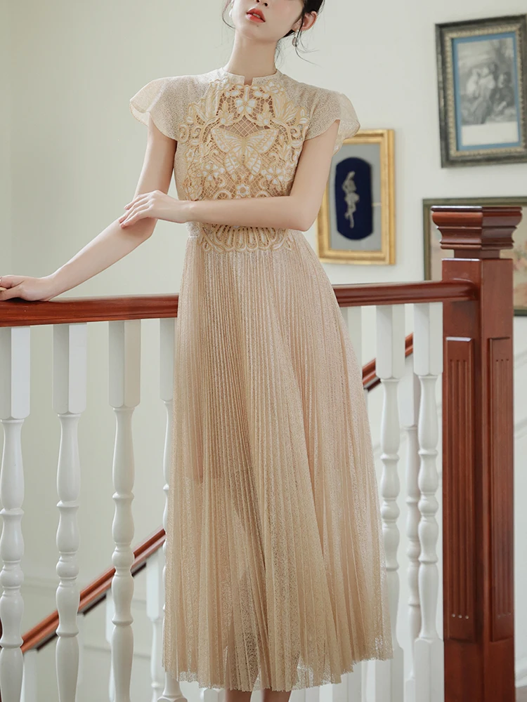 Champagne Color Butterfly Embroidered Vintage Evening Dress Flying Sleeve Mid-Calf Elegant Women Long Pleated Dress O-Neck