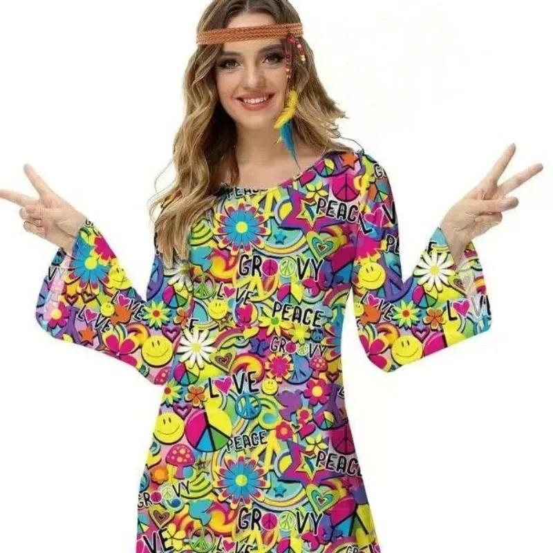 Vintage Carnival Hippie Costume Disco Hippie Clothes Women Colorful Floral Dress Bell Sleeve Cosplay Halloween Bar Party Stage