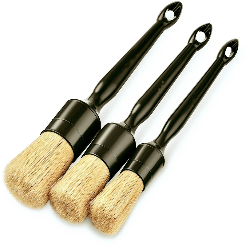 Kit com 3 Escovas de Detalhamento Automotivo de Cerdas de Javali Macias para Limpeza Interna e Externa de Carros, Painel, Saídas de Ar e Frestas de Rodas