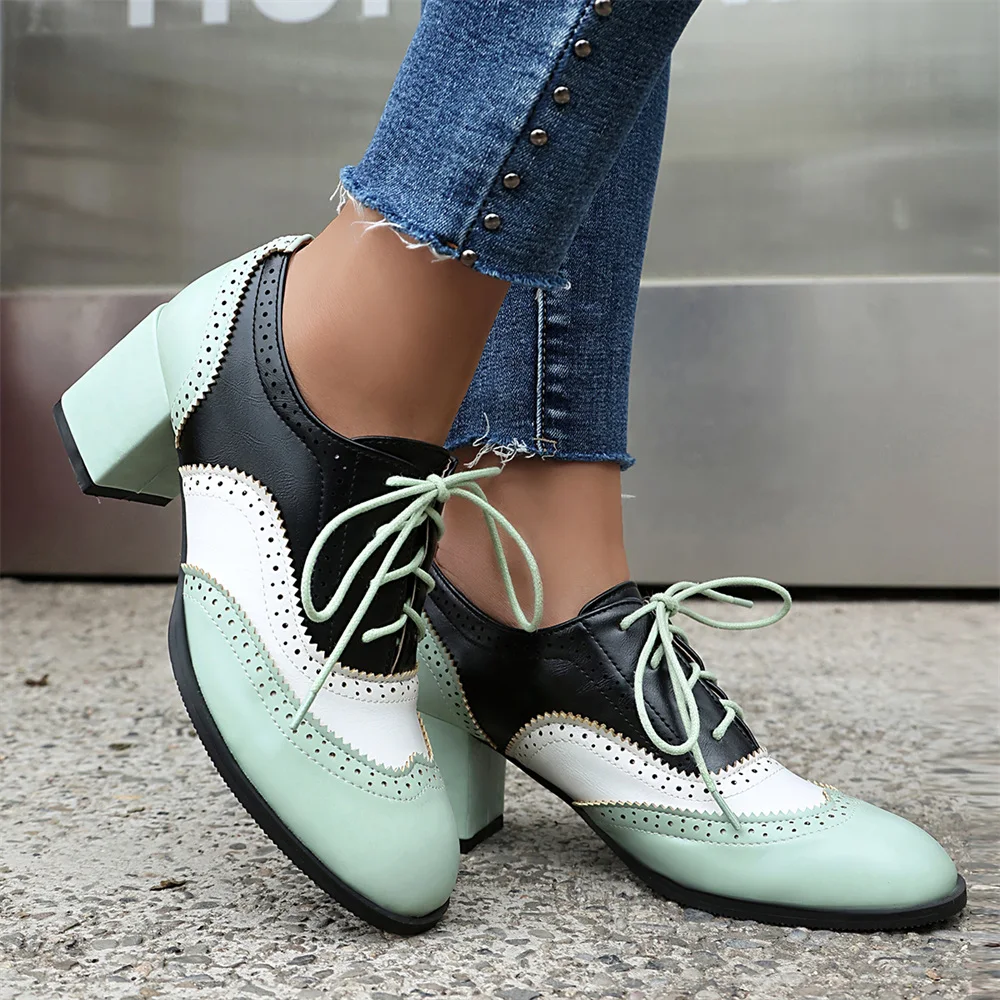 Plus Size 48 Vintage Red Brogue Shoes Chic Green Pink Patchwork Square High Heels Pumps Retro Lace-up Office Lady Daily Shoes_voghion.com