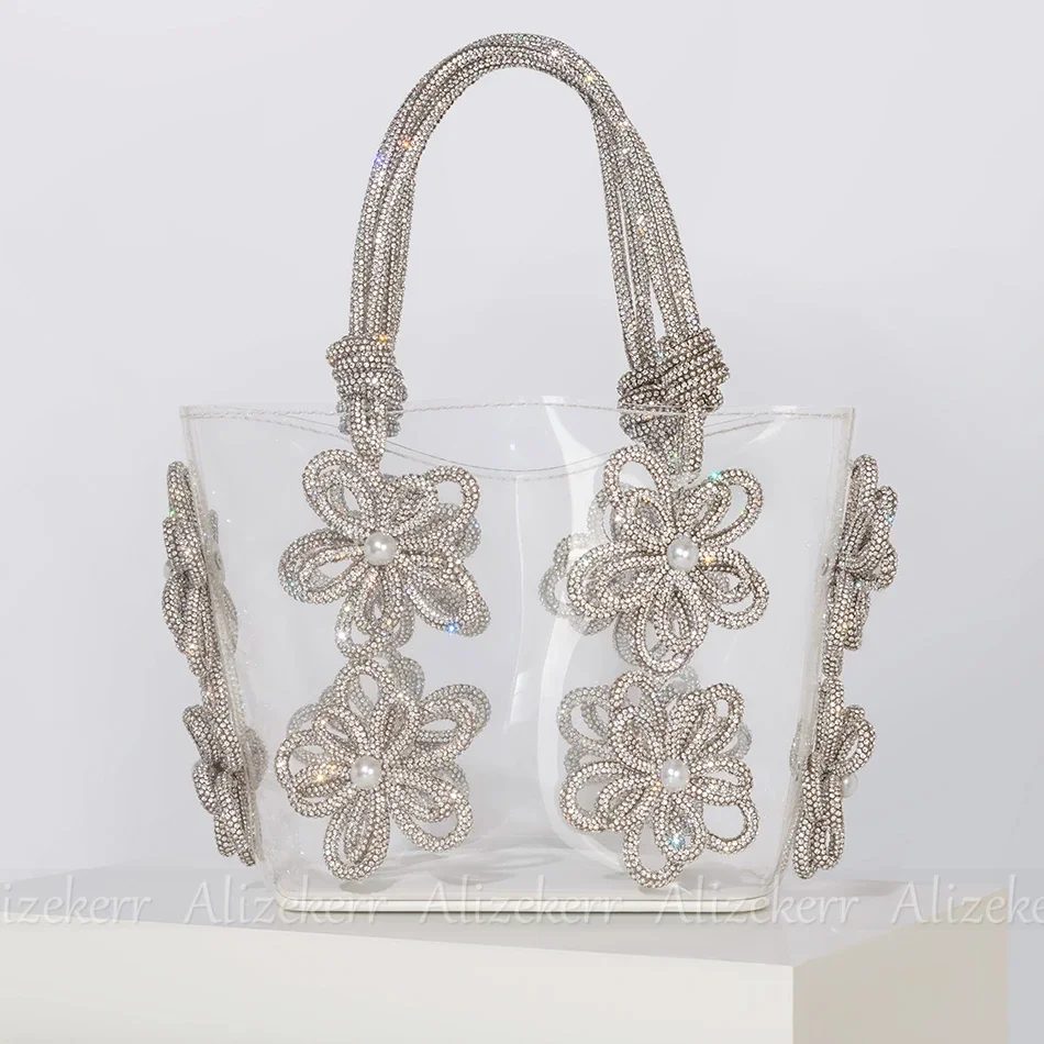 Diamond Flower Clear Beach Tote Bags Women Summer Holiday Boutique Handmade Woven Rope Rhinestone Purses And Handbags Wedding