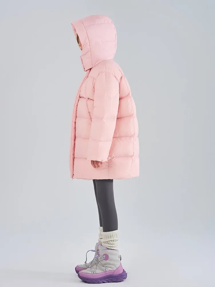 Mädchen Winter Kapuzen-Pufferjacke, mittellange, dicke, warme Daunenjacke für Kinder, einfarbig, winddichte Oberbekleidung für ältere Mädchen, Schneemantel. – Detail 8
