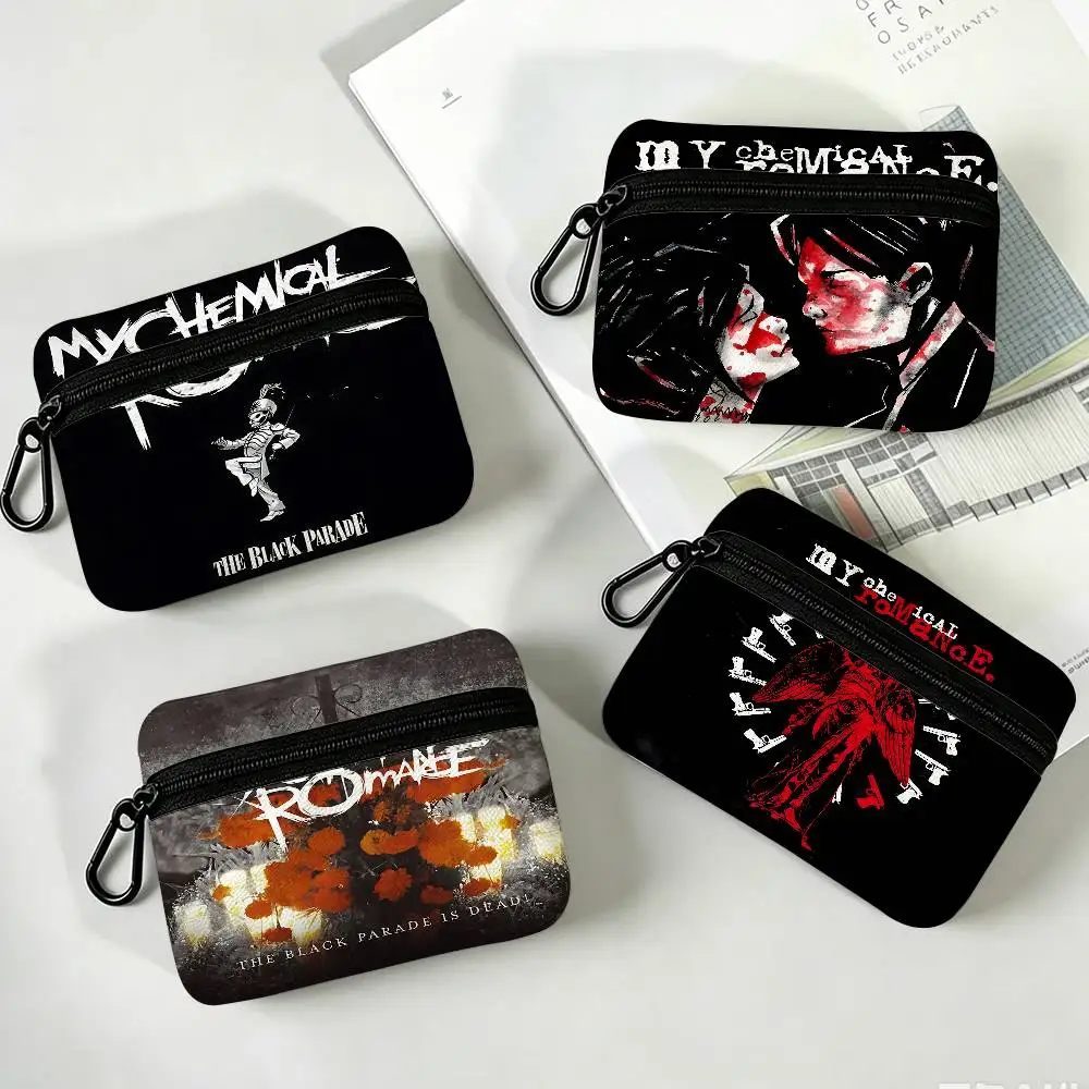 Rock Band My Chemical Romance Portable Oxford Cloth Coin Purse Alloy Carabiner Hook Small Zipper Pouch For Backpack Belt Daily