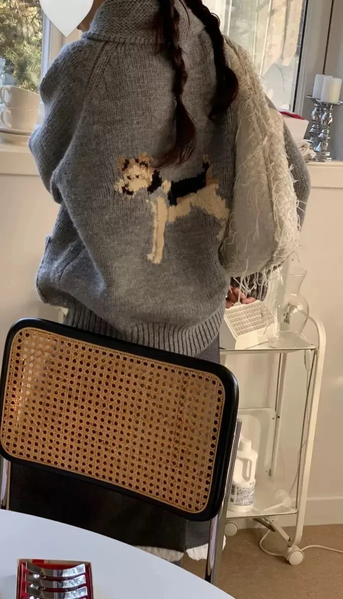 Cute Dog Pattern Loose Casual Knitted Cardigan PREON Autumn Winter New Sle Wool Blend Long Sve round Ne Zipper Sweater