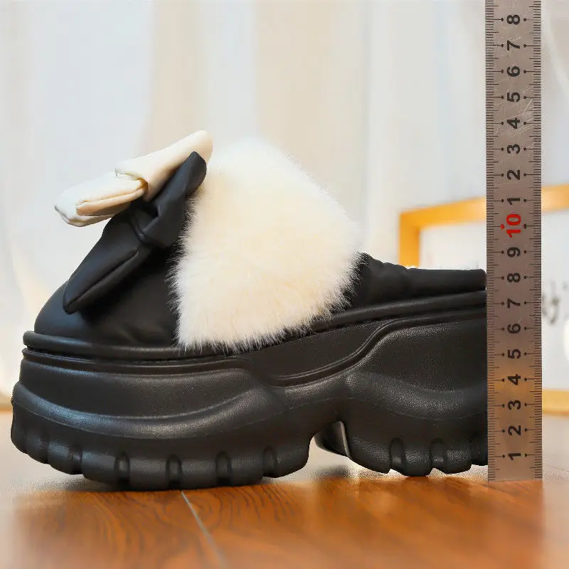 High heels 7.5cm bow slippers home women 2025 Autumn Winter Warm Thick Bottom plush Slides Women\'s Platform Waterproof Slippers