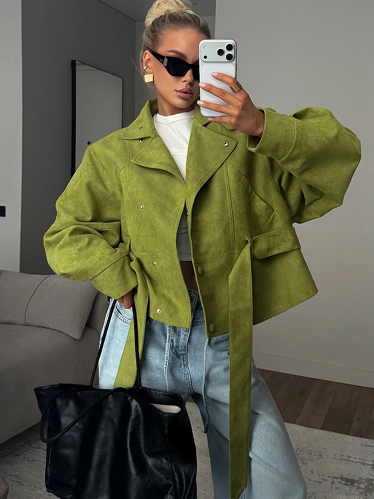 Vintage Damen Wildlederjacke mit Schnürung, Revers und Knöpfen, locker geschnitten, lange Ärmel, dick, für Frühling und Herbst, Streetwear-Mantel für Damen – Detail 3