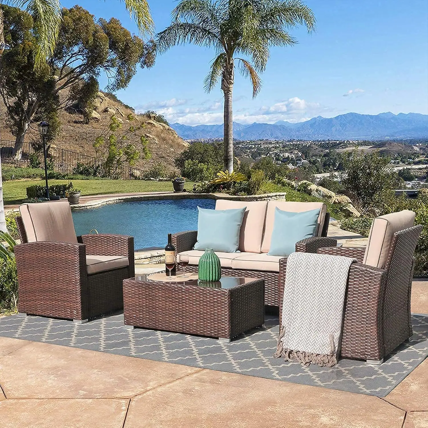 Conjunto de conversación para Patio al aire libre, sofá Seccional de mimbre PE para todo tipo de clima, mesa de centro de vidrio templado, 4 piezas