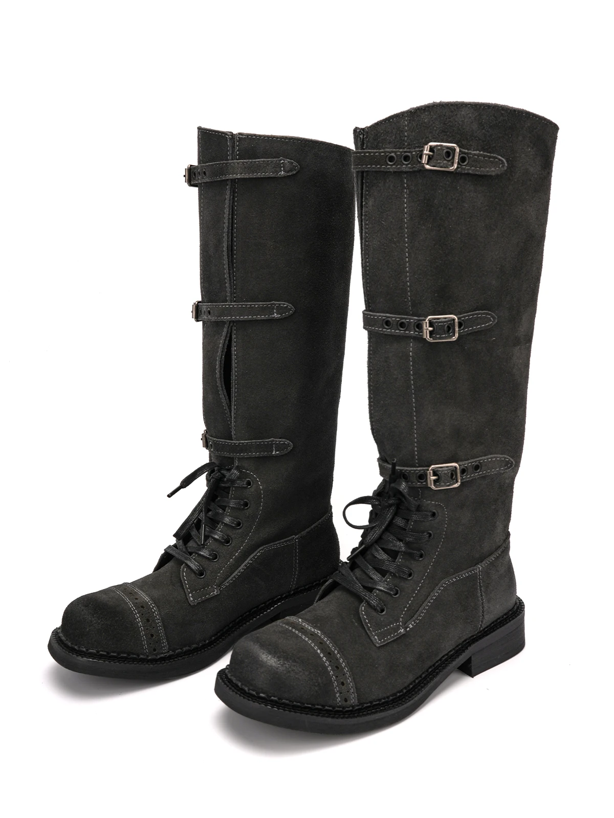 Women Suede Knee-High Boots - Military-Inspired Riding Boots for Women