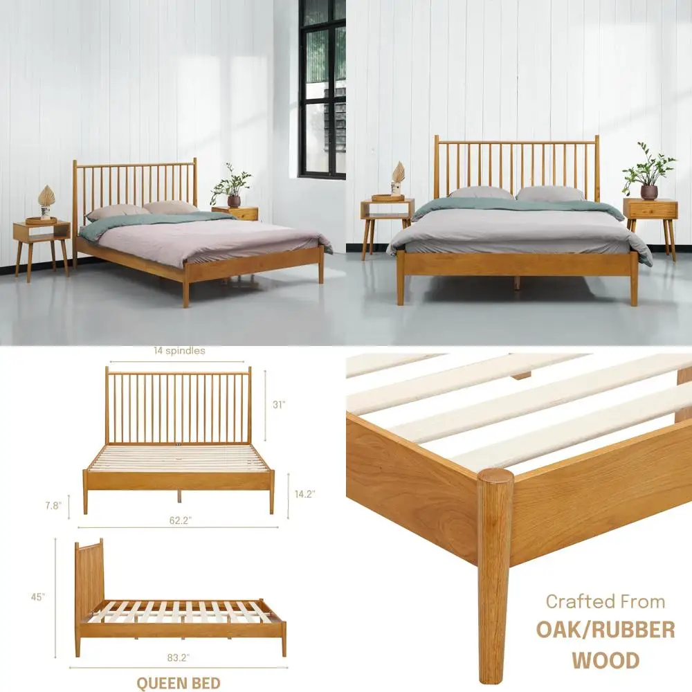 

Solid Oak and Rubber Wood Bed Frame with Headboard, featuring Silent Slats and Central Wood Support, 1000 Model