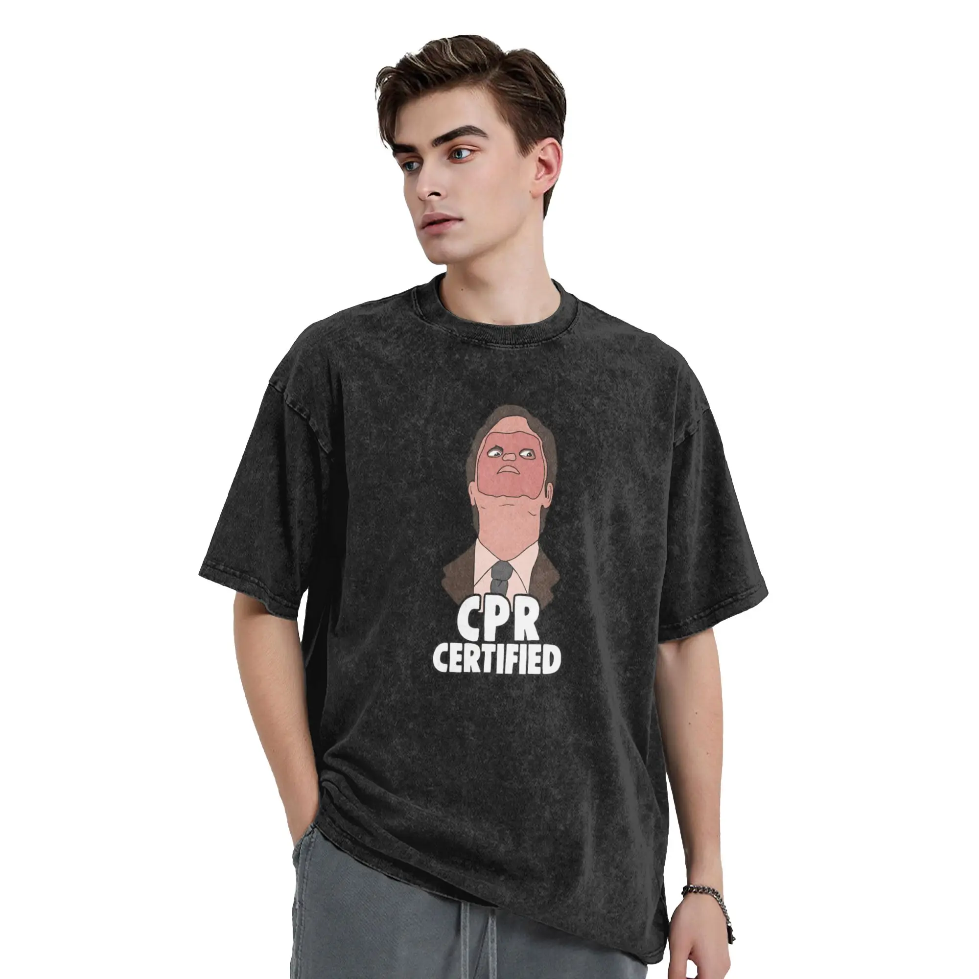 Dwight Schrute First Aid Cpr Certified Washed T-Shirt Couple  Y2K Funny Casual T Shirts Summer Print Oversized Clothing