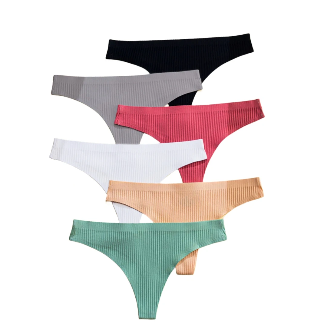 Low Women's Simple Pure Breathable Waist Thong High Stretch Comfortable 6 PCS Traceless Underwear Stripe Cotton