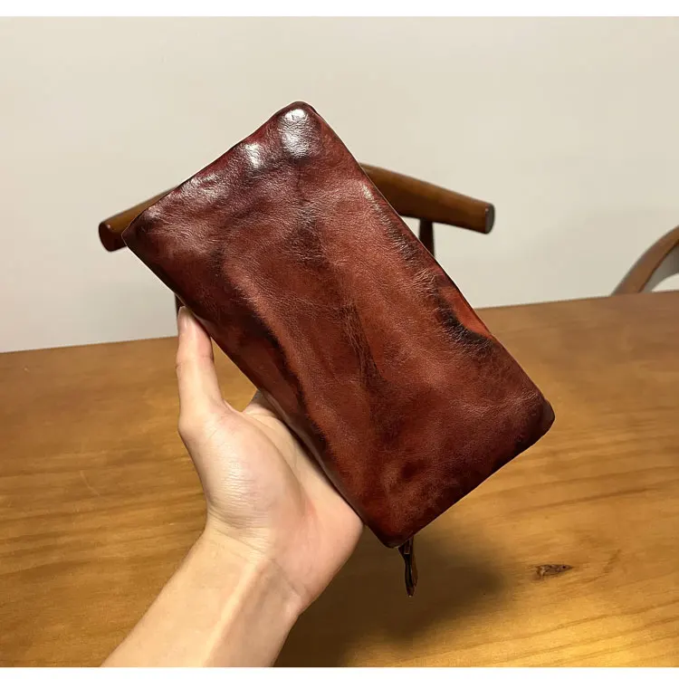 casual handmade luxury first layer cowhide men's women's long wallet simple vintage high-quality genuine leather phone purse