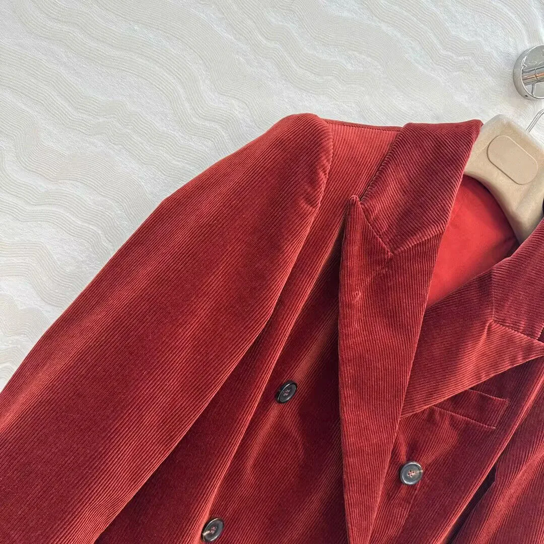 Vintage vieille argent Style bordeaux velours côtelé Blazer veste femmes nouveau automne cranté Double boutonnage à manches longues bureau costume manteau