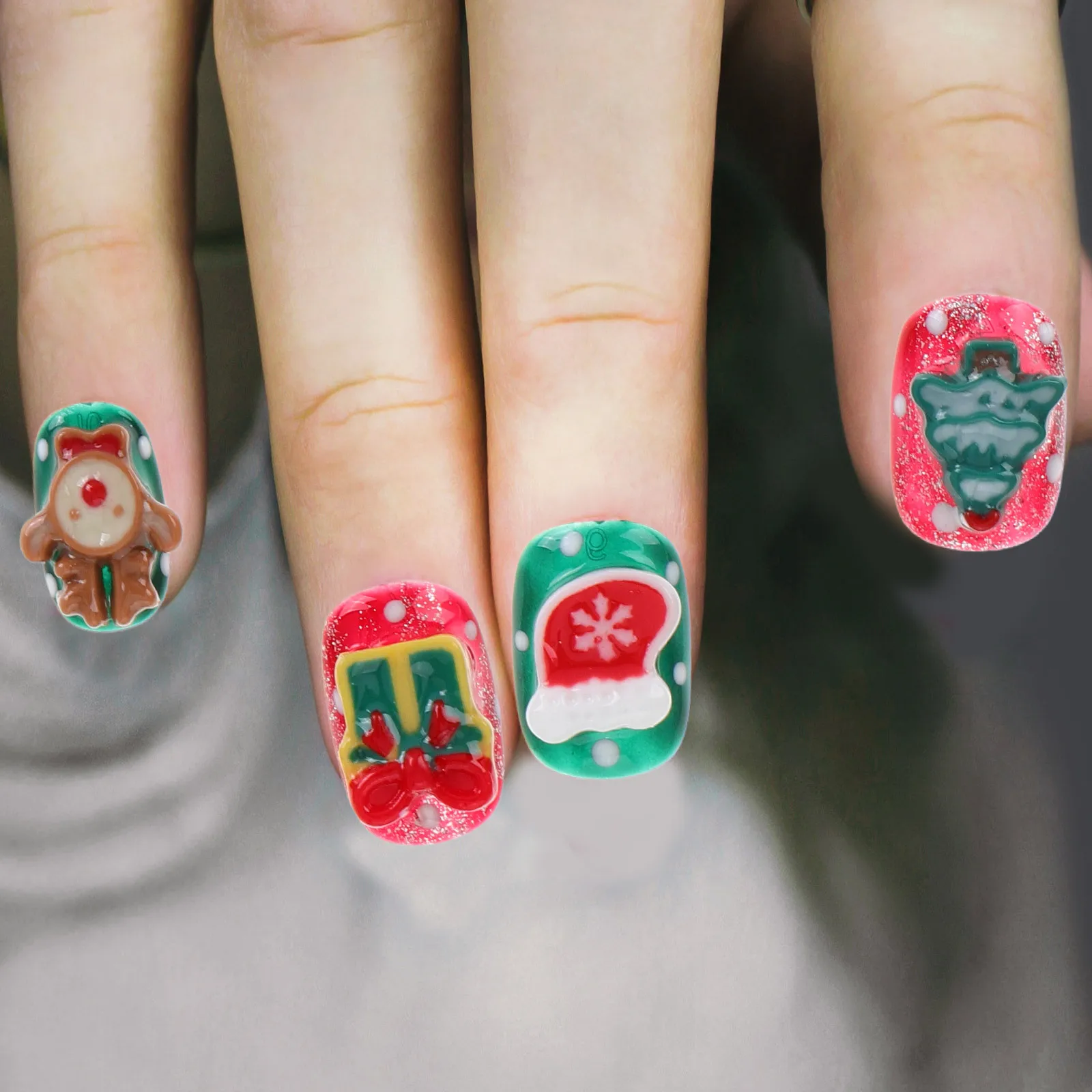 짧은 가짜 손톱 크리스마스 테마 수제 네일 아트 스티커 여성용 겨울 파티 풀 커버 팁 프레스온 네일