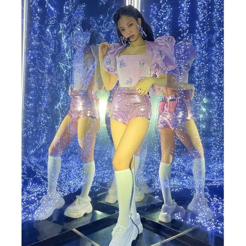 Kpop Girl Group Women Singer Stage Performance Costume Sexy Pink Slim Shorts Korean Concert Festival Wear Jazz Dance Clothes