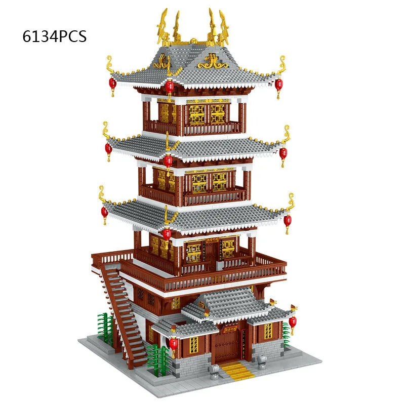 Architettura in stile cinese Architettura Mini blocco Torre in legno di sandalo Modello di costruzione Moc Costruzione di mattoni Collezione di giocattoli per regali