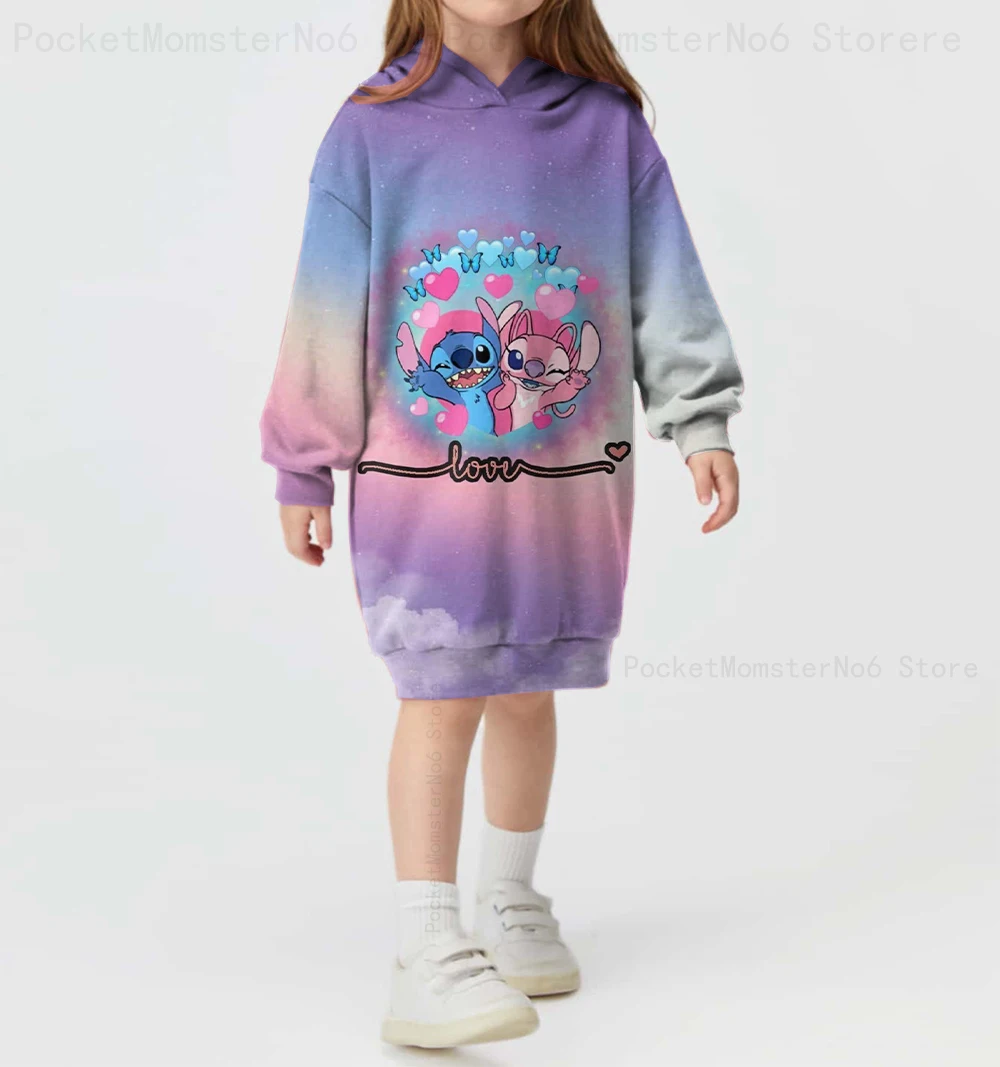 

Disney Series Stitch с милым принтом, новинка 2025, модная детская одежда, осенние и зимние толстовки, уличные толстовки для девочек, платья