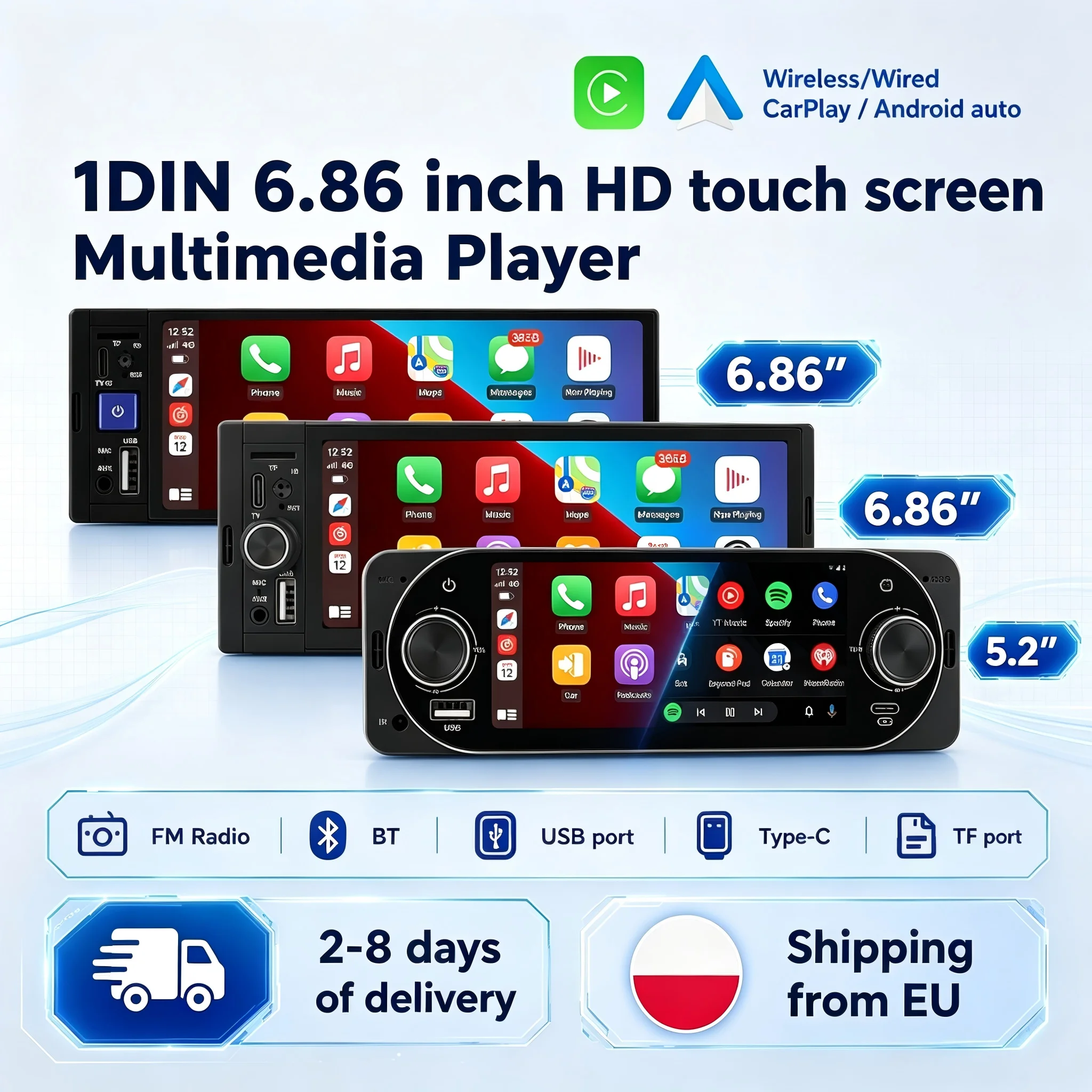 Autoradio multimédia universel avec écran IPS 5,2'' 6,86'', Carplay sans fil, Android Auto, lecteur MP5 vidéo, Bluetooth, FM stéréo, USB Type-C, prise autoradio, stock UE