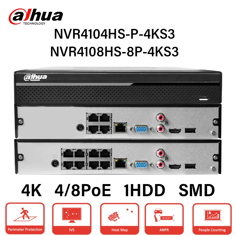

Dahua 4CH 8CH Video Recorder 4PoE 8PoE 4K NVR NVR4104HS-P-4KS3 NVR4108HS-8P-4KS3 Supports 2MP 4MP 8MP 12MP IP Camera EPTZ SMD