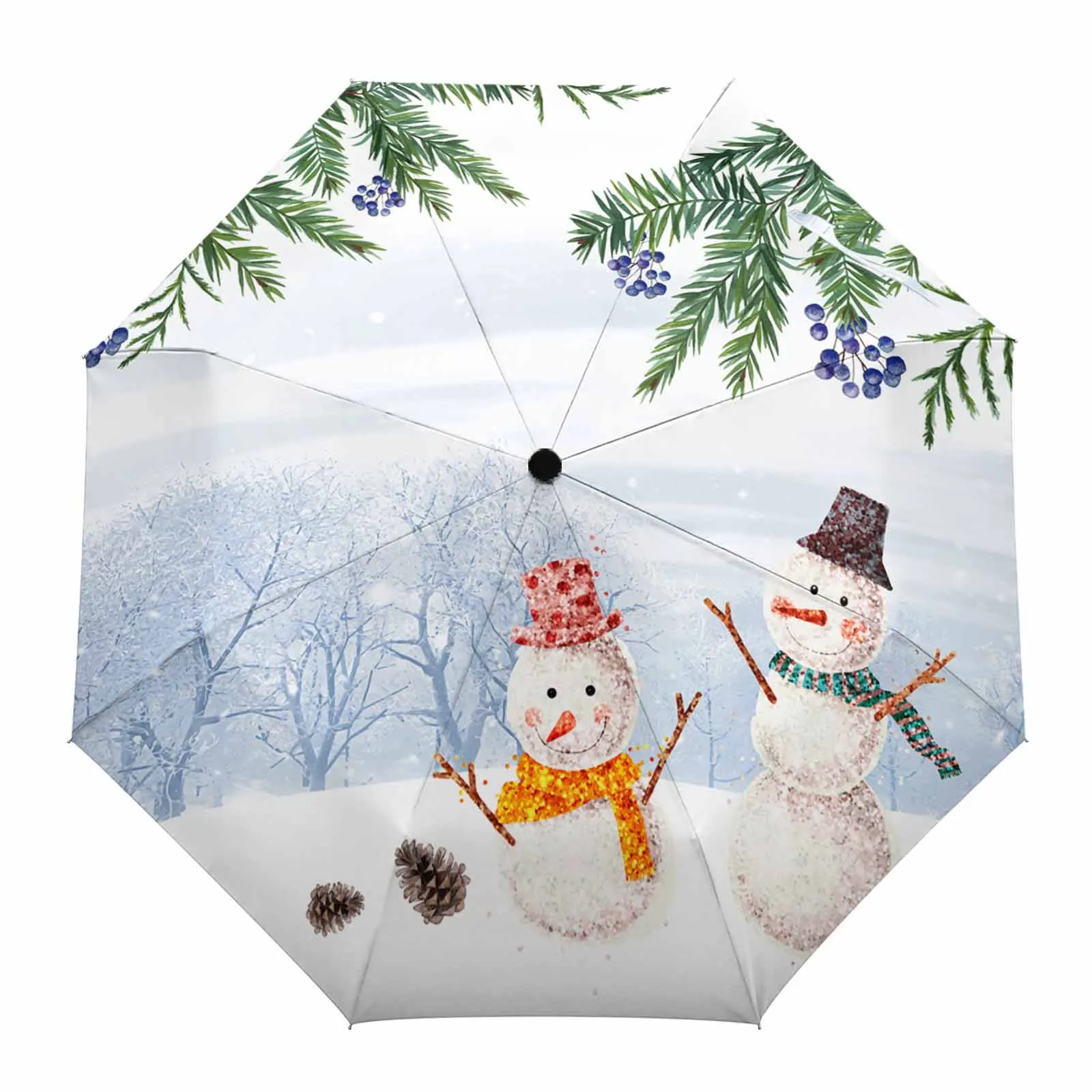 Christmas Plants Pine Berries Pinecone Snowman Fully-automatic Umbrella for Outdoor Adults Foldable Eight Strand Umbrella