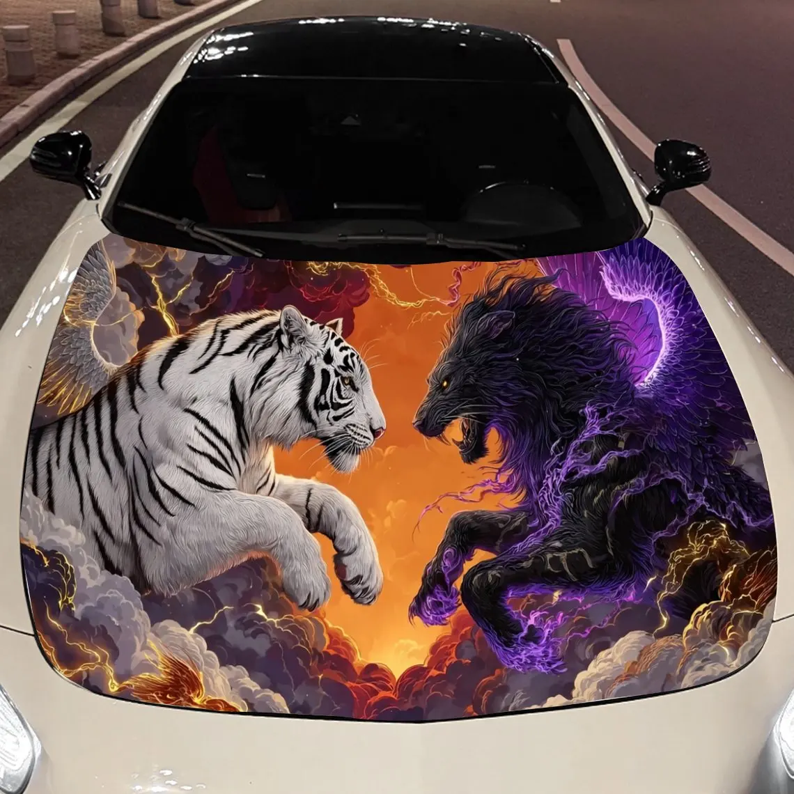 

Виниловая пленка для автомобиля «Белый тигр и зачарованный фиолетовый лев», водонепроницаемая наклейка на капот автомобиля из ПВХ, самоклеящаяся, устойчивая к царапинам