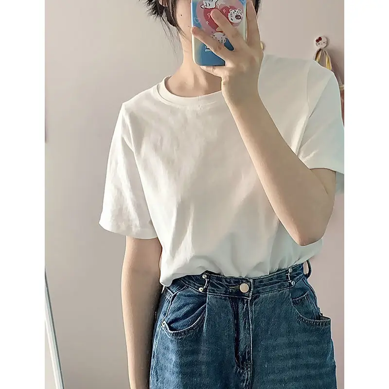 Pure Cotton Short Sleeved T-shirt for Women Loose Top Solid Color Korean Version Ins College Style Summer Clothing New 2024