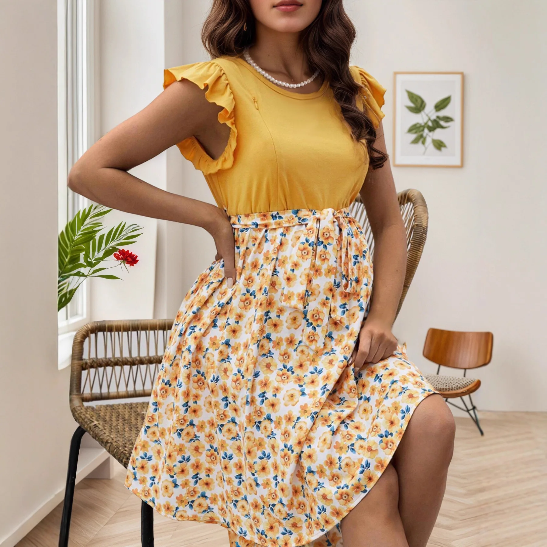 European Style Maternity Dress Floral Print Asymmetrical Zipper Round Neck Sleeveless Gown For Nursing Pregnant Women