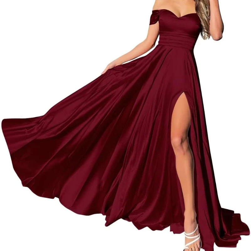 Customized Exquisite Slash Neck Luxury Shinny Slash Neck Vestidos Simple Solid Pleated Design A-line Prom Gown Side High Split L